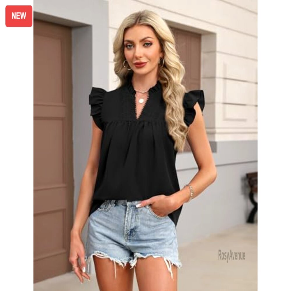 Loose Fit Ruffle Sleeve Lace Embroidered V Neck Blouse Tank Top - Picture 3 of 7